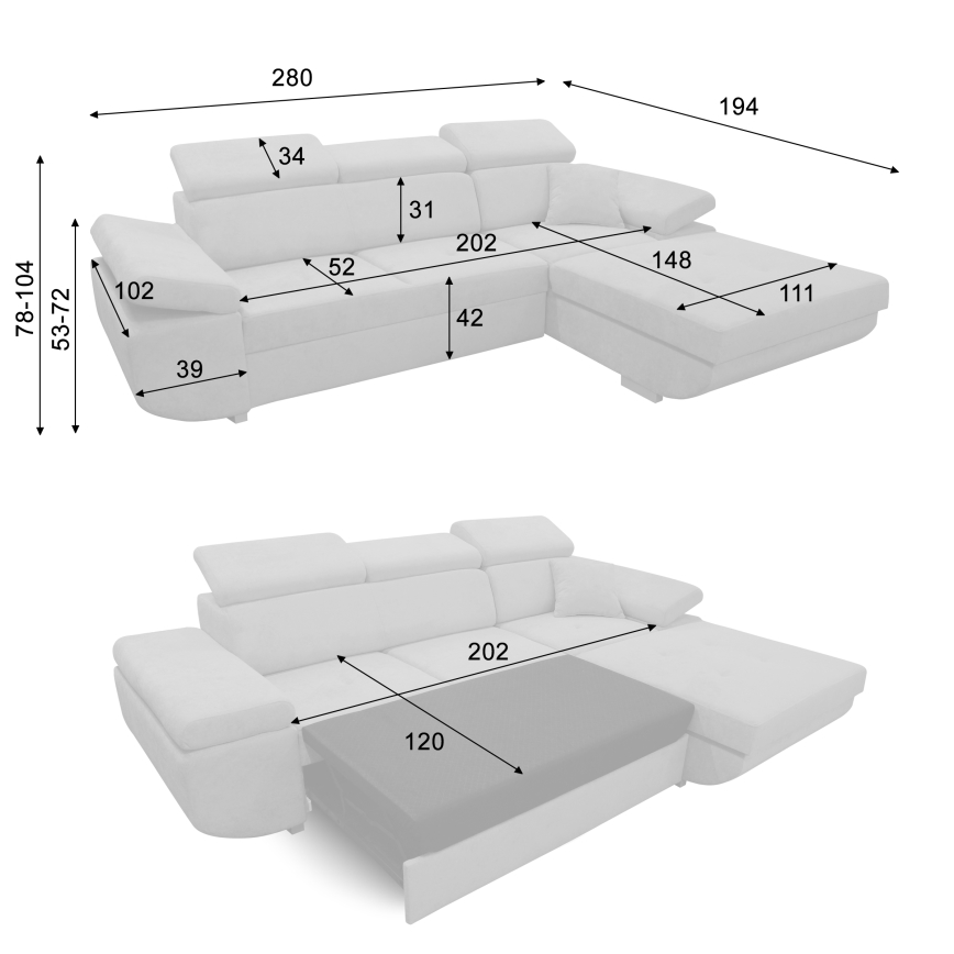 Eck-Schlafsofa CASTELO mit Stauraum, L-Form, rechts, grau