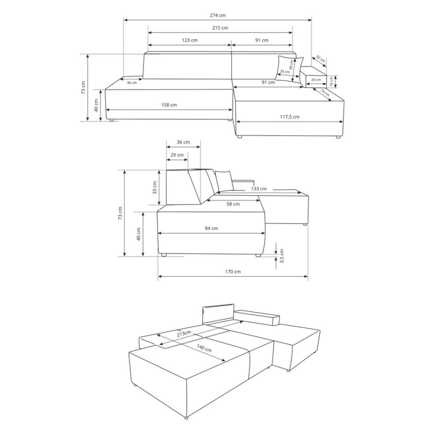 Eck-Schlafsofa mit Stauraum in L-Form TERAMO, rechts, beige