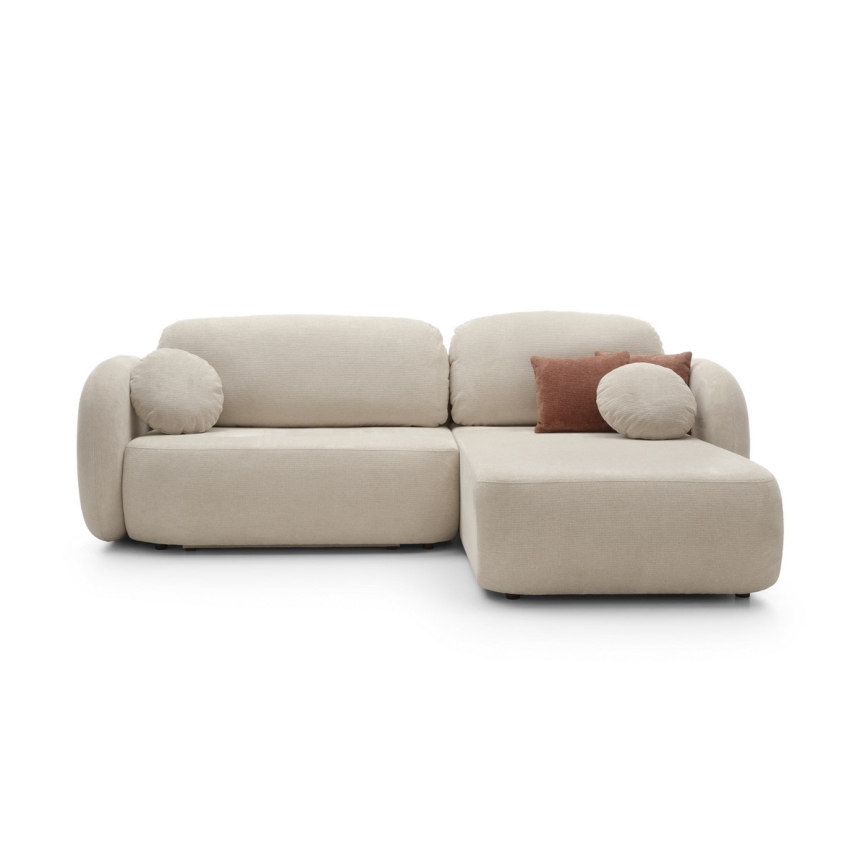 Eckgarnitur OLBIA mit Schlaffunktion und Stauraum in L‑Form, rechts, beige