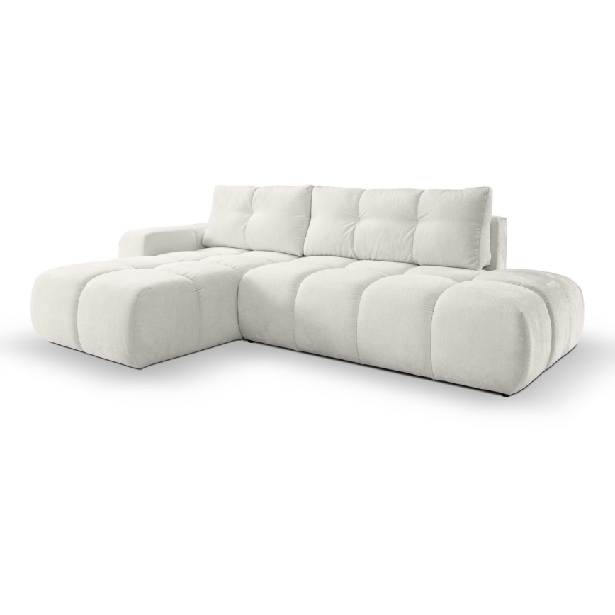 Ausklappbares, gepolstertes Ecksofa ALMADA mit Stauraum, L-Form, links, beige