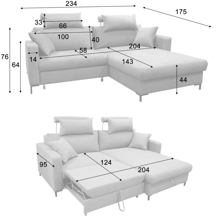 Ecksofa HORTA mit Schlaffunktion und Stauraum in L‑Form, rechts, grün