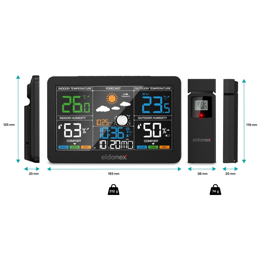 ELDONEX EWS-1010-BK - Wetterstation mit LCD-Anzeige 2xAAA schwarz