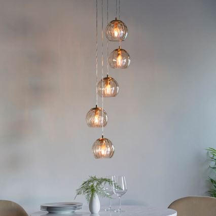 Endon 91972 - Pendelleuchte mit Kabelaufhängung DIMPLE 5xE14/7W/230V gold/rauchiges Beige