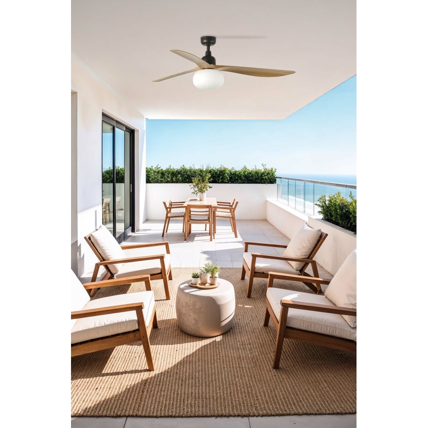 FARO 34360WT-11L - Deckenventilator OUTWOOD L 1xE27/15W/230V braun/schwarz Ø 150 cm Wi-Fi Tuya IP44 + Fernbedienung
