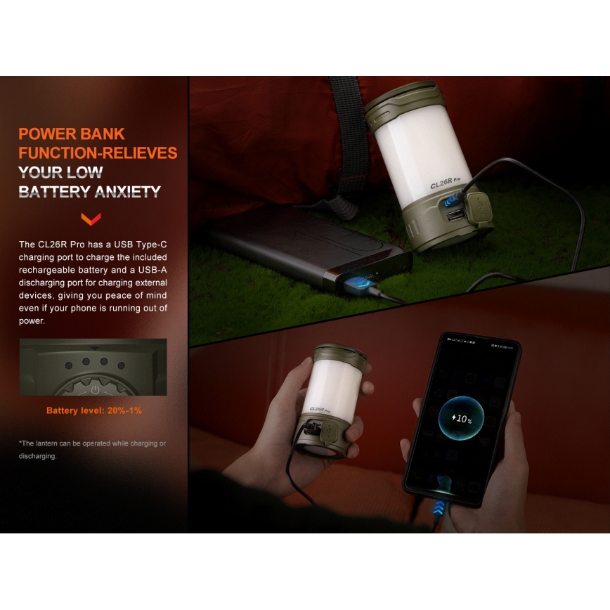 Fenix CL26RPROCAM - Tragbare, aufladbare LED-Leuchte mit Dimm-Funktion LED/USB IP66 650 lm 408 h 5000 mAh grau