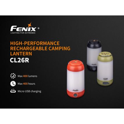 Fenix CL26RRED - Tragbare, aufladbare LED-Leuchte mit Dimm-Funktion LED/USB/2xCR123A IP66 400 lm 400 h 2600 mAh orange