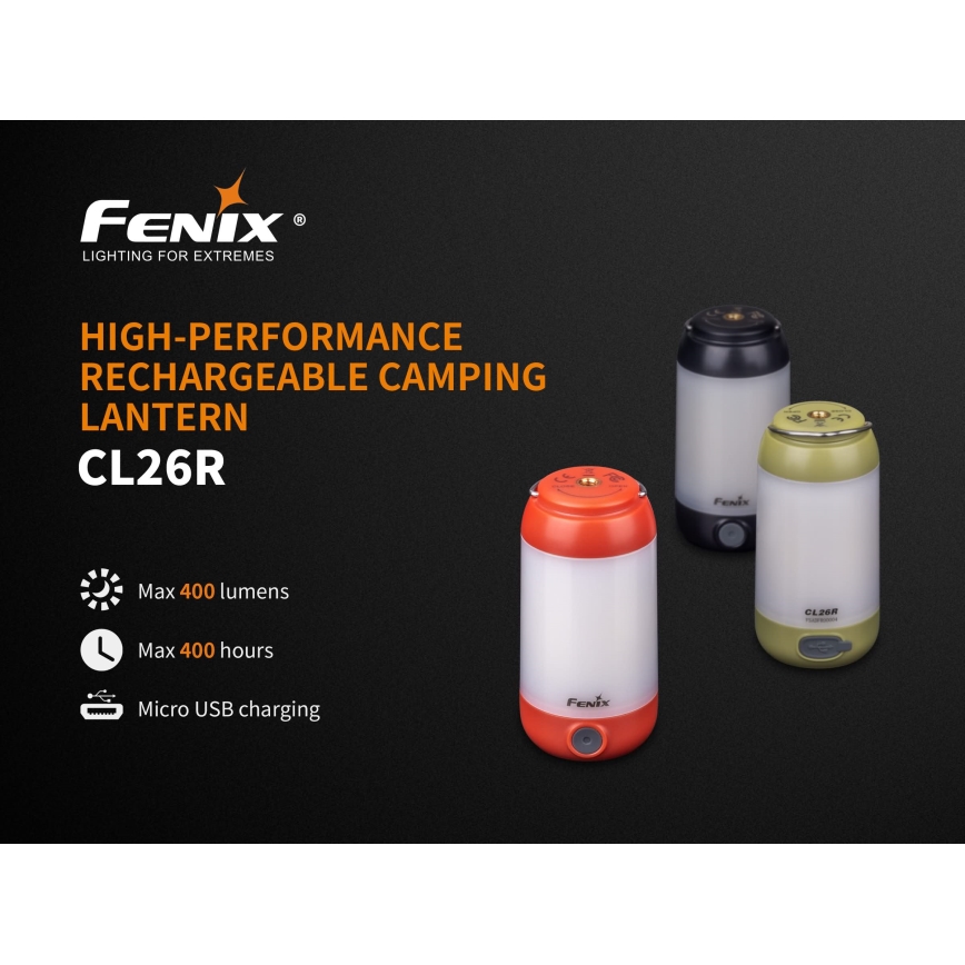 Fenix CL26RRED - Tragbare, aufladbare LED-Leuchte mit Dimm-Funktion LED/USB/2xCR123A IP66 400 lm 400 h 2600 mAh orange