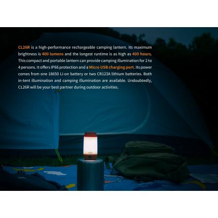 Fenix CL26RRED - Tragbare, aufladbare LED-Leuchte mit Dimm-Funktion LED/USB/2xCR123A IP66 400 lm 400 h 2600 mAh orange