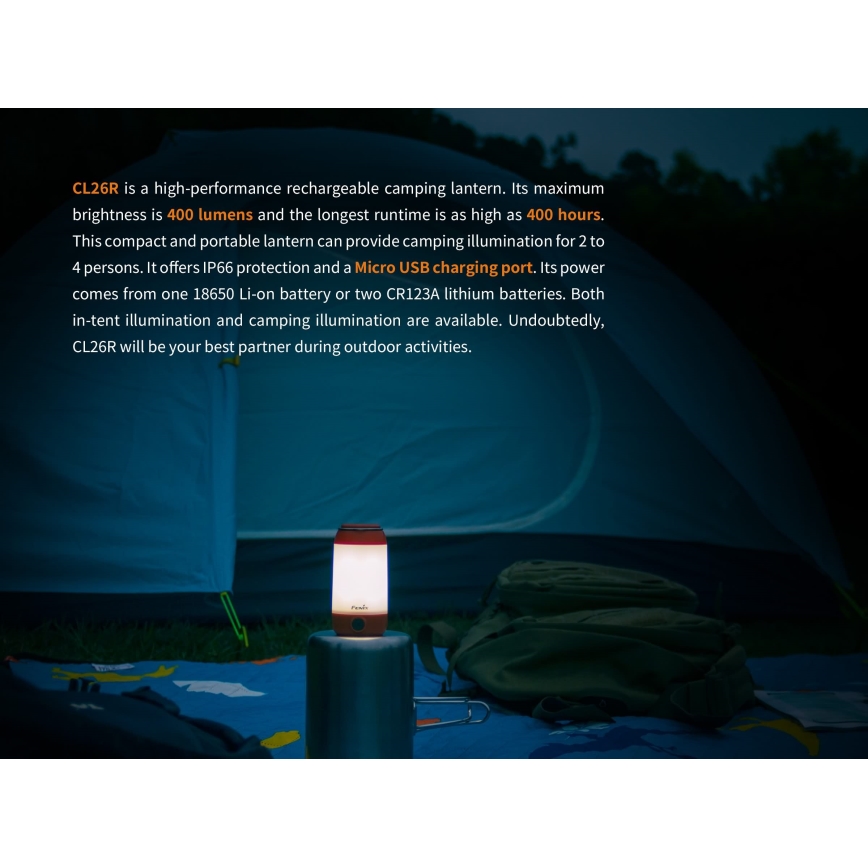 Fenix CL26RRED - Tragbare, aufladbare LED-Leuchte mit Dimm-Funktion LED/USB/2xCR123A IP66 400 lm 400 h 2600 mAh orange
