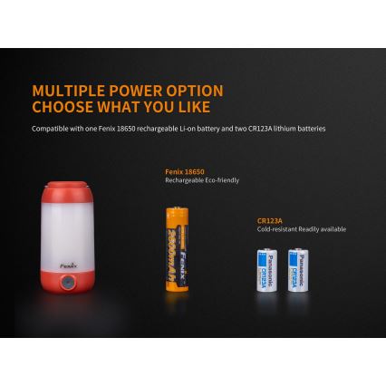 Fenix CL26RRED - Tragbare, aufladbare LED-Leuchte mit Dimm-Funktion LED/USB/2xCR123A IP66 400 lm 400 h 2600 mAh orange