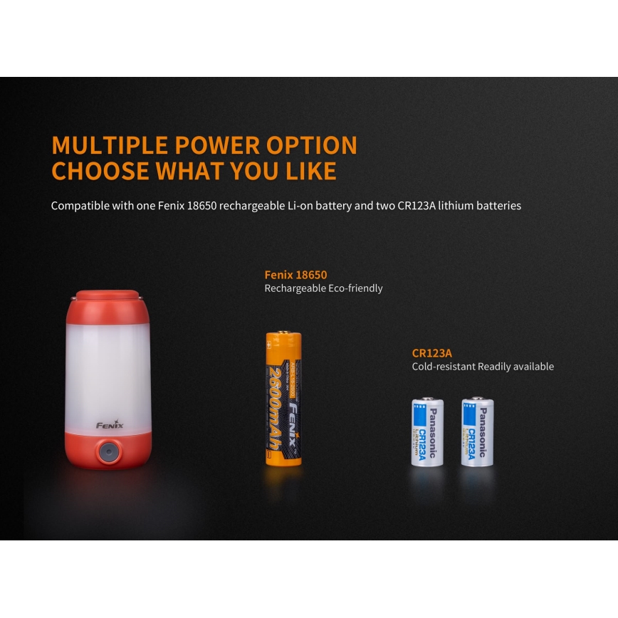 Fenix CL26RRED - Tragbare, aufladbare LED-Leuchte mit Dimm-Funktion LED/USB/2xCR123A IP66 400 lm 400 h 2600 mAh orange