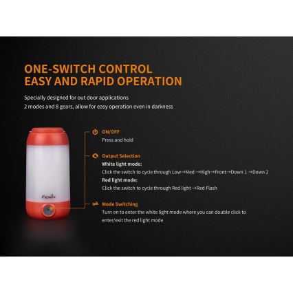 Fenix CL26RRED - Tragbare, aufladbare LED-Leuchte mit Dimm-Funktion LED/USB/2xCR123A IP66 400 lm 400 h 2600 mAh orange
