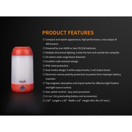 Fenix CL26RRED - Tragbare, aufladbare LED-Leuchte mit Dimm-Funktion LED/USB/2xCR123A IP66 400 lm 400 h 2600 mAh orange