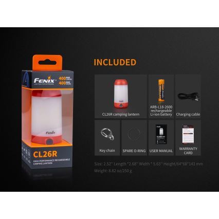 Fenix CL26RRED - Tragbare, aufladbare LED-Leuchte mit Dimm-Funktion LED/USB/2xCR123A IP66 400 lm 400 h 2600 mAh orange