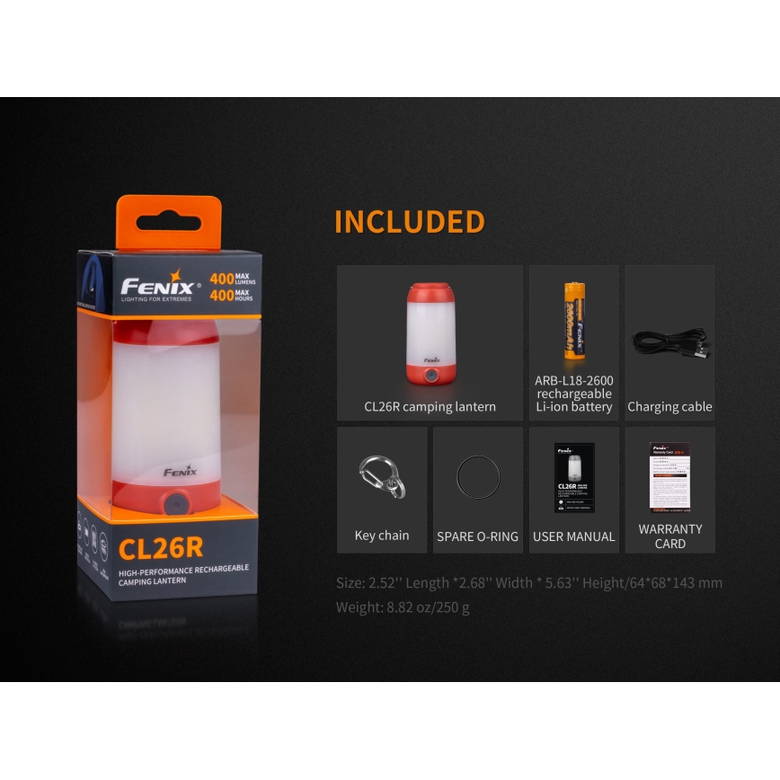 Fenix CL26RRED - Tragbare, aufladbare LED-Leuchte mit Dimm-Funktion LED/USB/2xCR123A IP66 400 lm 400 h 2600 mAh orange