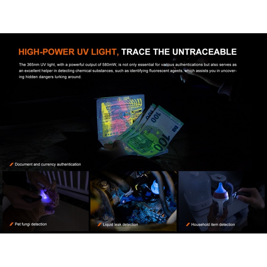 Fenix E06RGRY - Dimmbare, aufladbare LED-Taschenlampe UV LED/USB IP66 700 glänzend 60 h 750 mAh grau