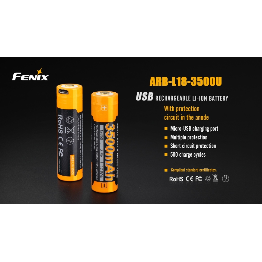 Fenix FE18650LI35USB - 1 Stück USB-Akku/3,6V 3500 mAh wiederaufladbar