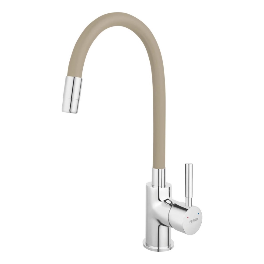 FERRO - Wasserhahn (Armatur) mit flexiblem Arm glänzendes Chrom/beige
