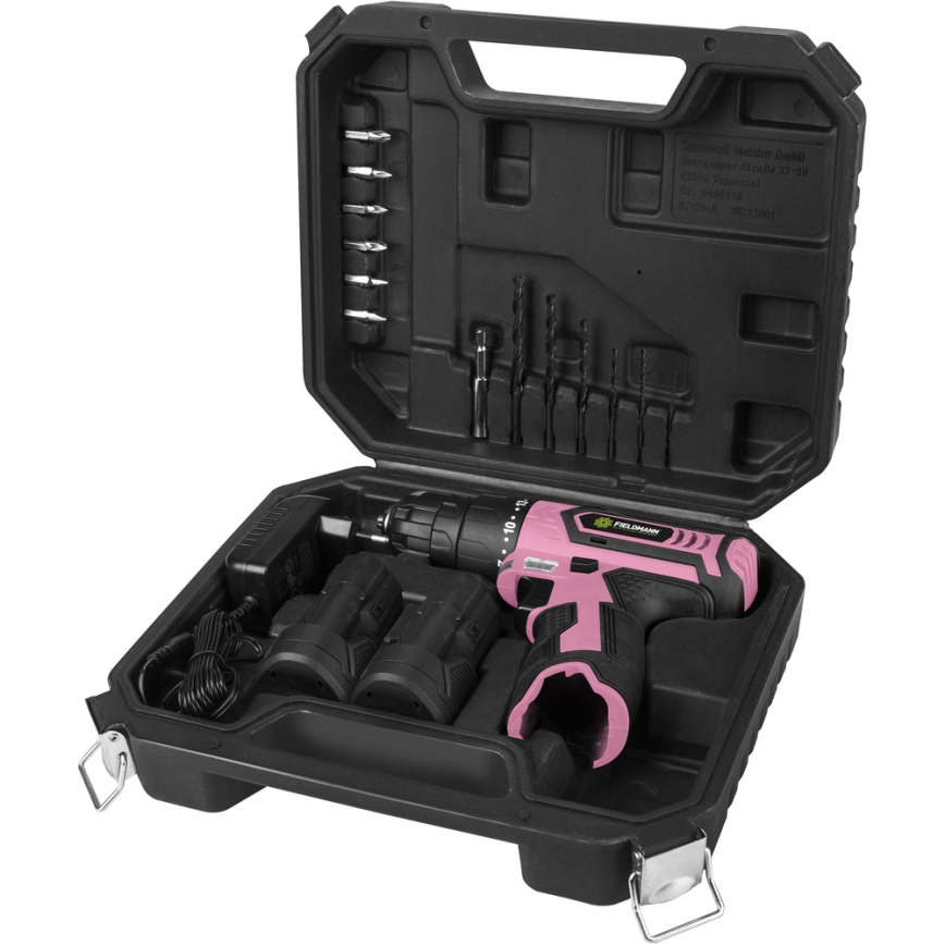 Fieldmann - Akku-Bohrmaschine mit Zubehör 12V 1300 mAh rosa/schwarz