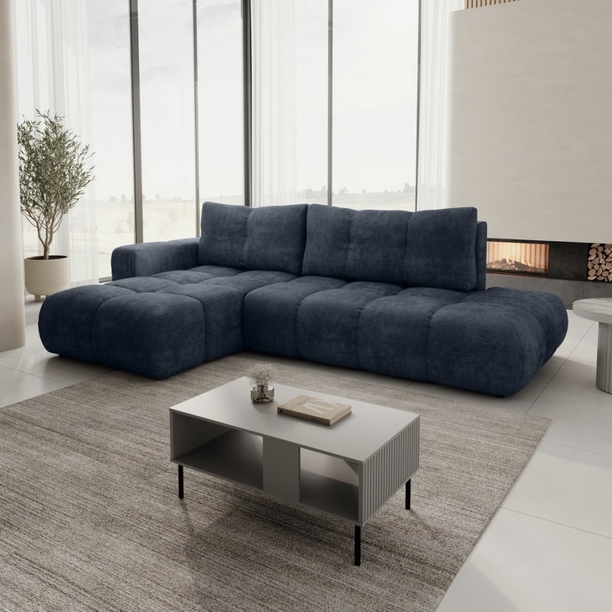 Gepolsterte Eckcouch ALMADA mit Schlaffunktion und Stauraum, L‑Form, links, blau