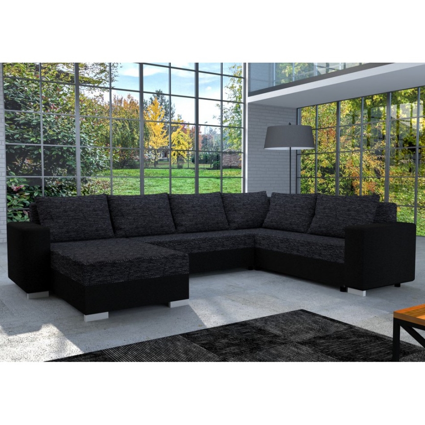 Gepolsterte, links- und rechtsmontierbare U-Eckcouch mit Schlaffunktion YORK schwarz/anthrazit