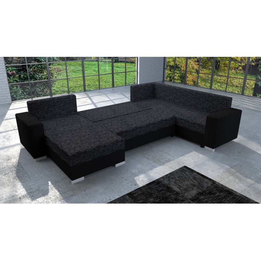 Gepolsterte, links- und rechtsmontierbare U-Eckcouch mit Schlaffunktion YORK schwarz/anthrazit