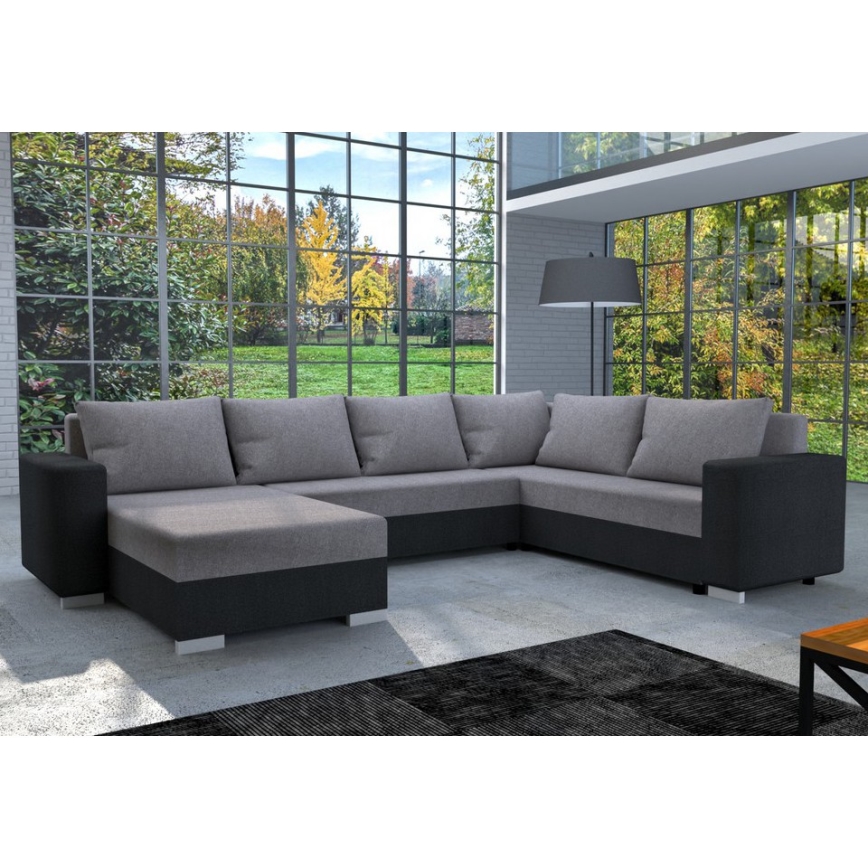 Gepolsterte, universell einsetzbare, ausziehbare U‑Sitzgarnitur mit Schlaffunktion YORK, grau/schwarz