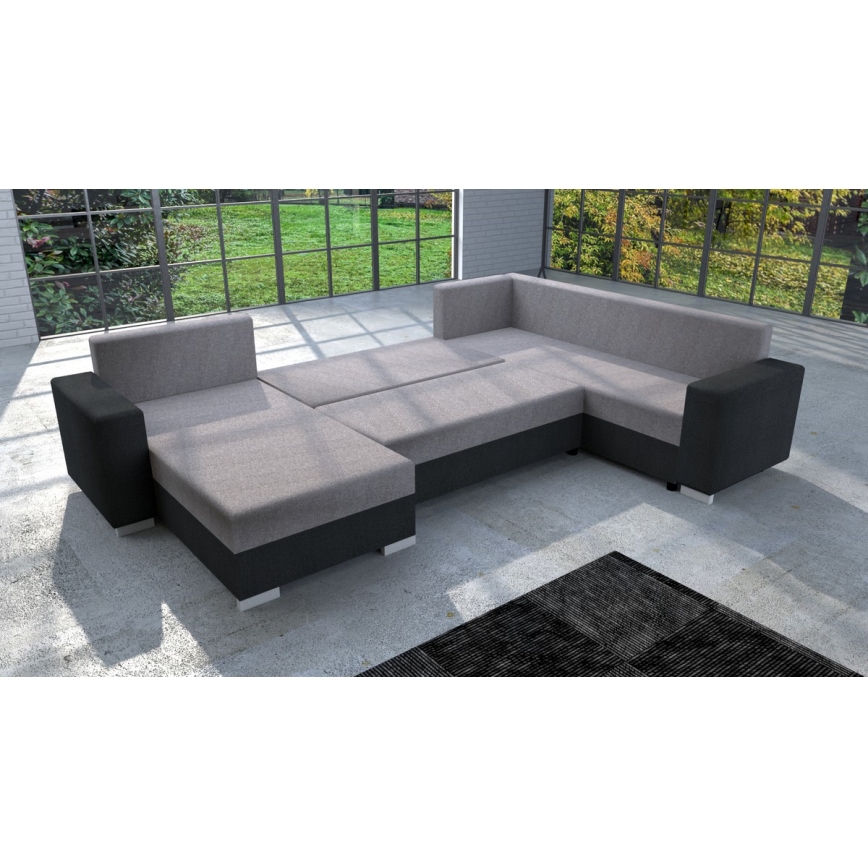 Gepolsterte, universell einsetzbare, ausziehbare U‑Sitzgarnitur mit Schlaffunktion YORK, grau/schwarz