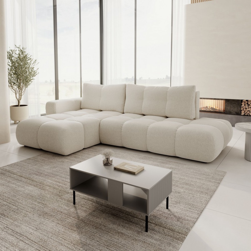 Gepolstertes Ecksofa ALMADA in L‑Form mit Schlaffunktion und Stauraum, links, hellbeige