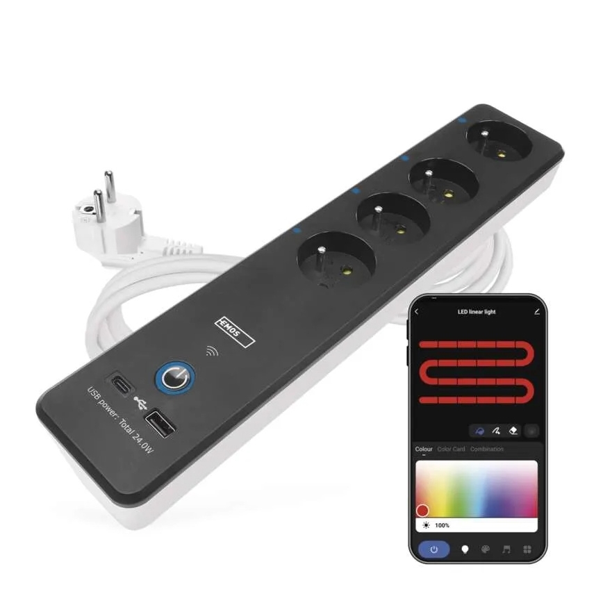 Intelligente Verlängerungsschnur mit Schalter GoSmart 4Z + 1x USB-A + 1x USB-C 2 m Wi-Fi Tuya
