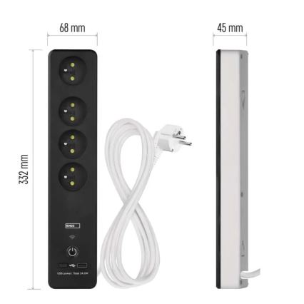Intelligente Verlängerungsschnur mit Schalter GoSmart 4Z + 1x USB-A + 1x USB-C 2 m Wi-Fi Tuya