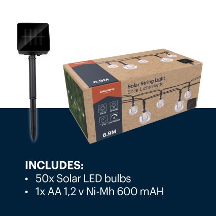Grundig - LED Solar-Lichterkette 50xLED/8 Funktionen 6,9 m warmweiß 600 mAh