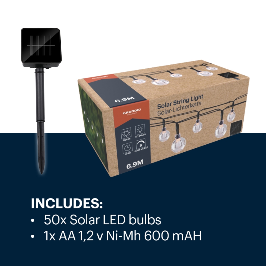 Grundig - LED Solar-Lichterkette 50xLED/8 Funktionen 6,9 m warmweiß 600 mAh