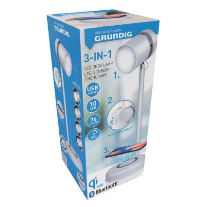 Grundig – 3‑in‑1 LED‑Tischlampe mit kabellosem Laden und integriertem Lautsprecher, LED/15 W/5 V