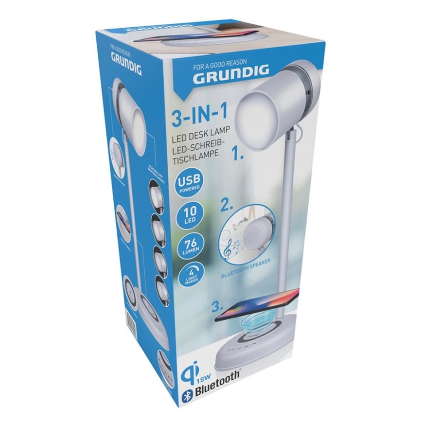 Grundig – 3‑in‑1 LED‑Tischlampe mit kabellosem Laden und integriertem Lautsprecher, LED/15 W/5 V