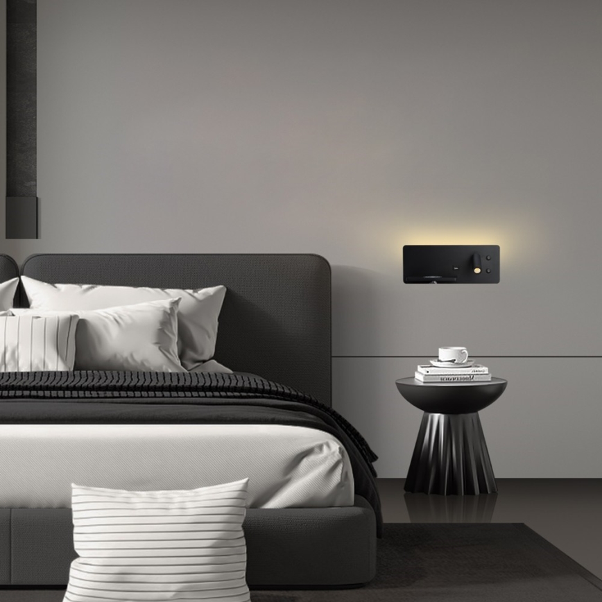 Immax 08288L - LED Wandleuchte mit Spot und Ablage, USB-Anschluss sowie kabelloser Ladefunktion Be PREPARE LED/3W/230V + LED/3W schwarz