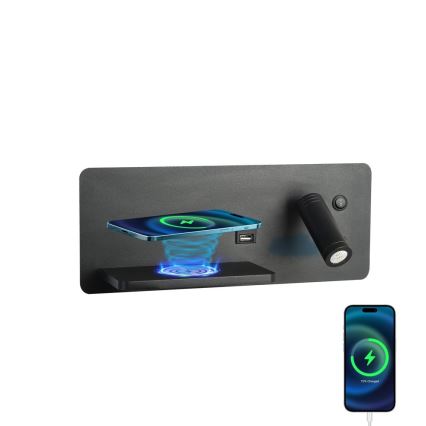 Immax 08288L - LED Wandleuchte mit Spot und Ablage, USB-Anschluss sowie kabelloser Ladefunktion Be PREPARE LED/3W/230V + LED/3W schwarz