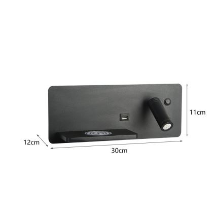Immax 08288L - LED Wandleuchte mit Spot und Ablage, USB-Anschluss sowie kabelloser Ladefunktion Be PREPARE LED/3W/230V + LED/3W schwarz
