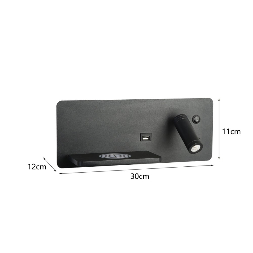 Immax 08288L - LED Wandleuchte mit Spot und Ablage, USB-Anschluss sowie kabelloser Ladefunktion Be PREPARE LED/3W/230V + LED/3W schwarz
