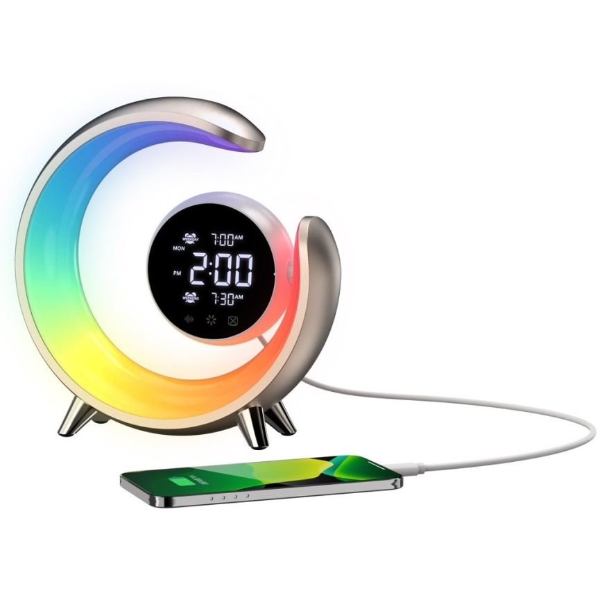 LED RGBW dimmbare Tischlampe mit Wecker PEACOCK LED/20W/5V USB