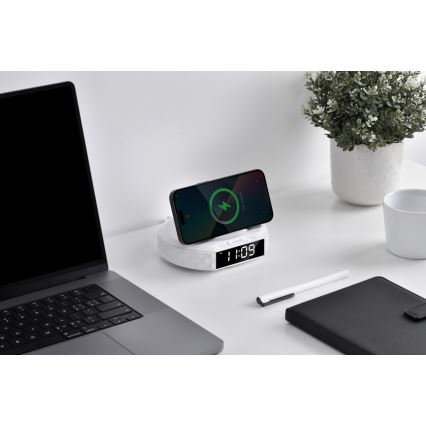 Wecker mit LCD-Display und kabellosem Qi-Ladegerät 27W/9V 220 mAh weiß