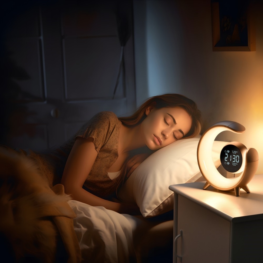 LED RGBW dimmbare Tischlampe mit Wecker LED/20W/5V USB silber