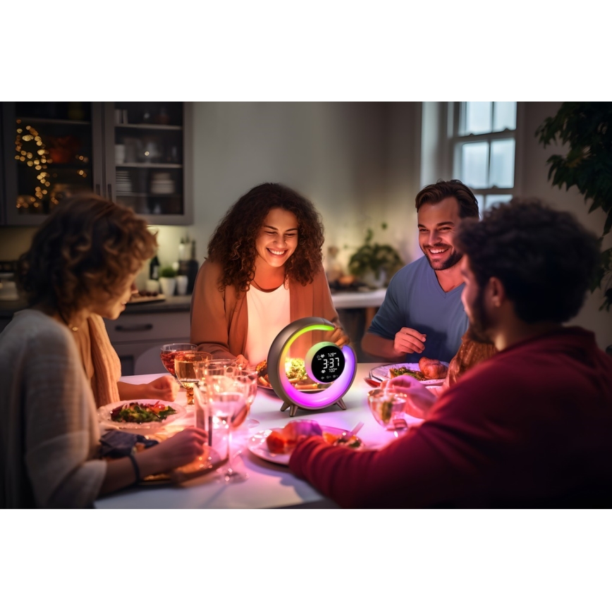 LED RGBW dimmbare Tischlampe mit Wecker LED/20W/5V USB silber