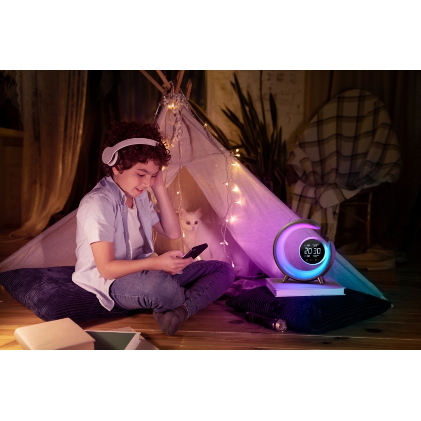 LED RGBW dimmbare Tischlampe mit Wecker LED/20W/5V USB silber