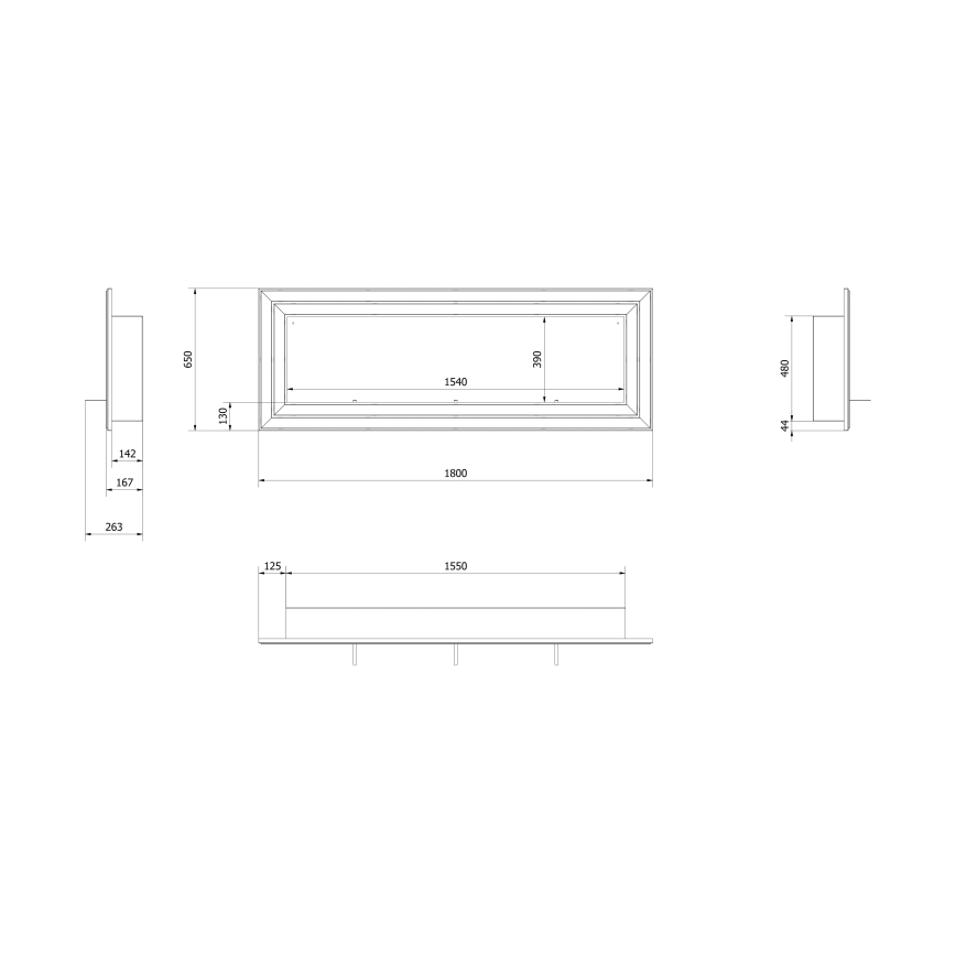 Kratki - Eingebauter BIO-Kamin 65x180 cm 3x2,5 kW glänzender Chrom