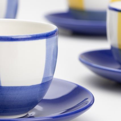 Kaffeeservice 6x Keramiktasse Tereza mit Untertasse weiß blau gelb