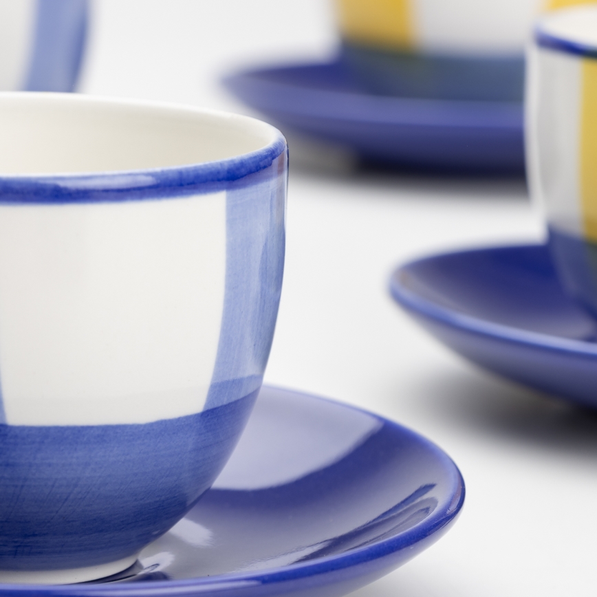 Kaffeeservice 6x Keramiktasse Tereza mit Untertasse weiß blau gelb