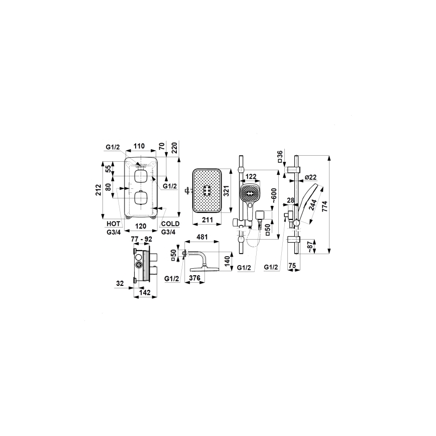 KFA Armatura 5759-301-34 - Duschgarnitur mit thermostatischer Unterputz-Armatur MALAGA Roségold