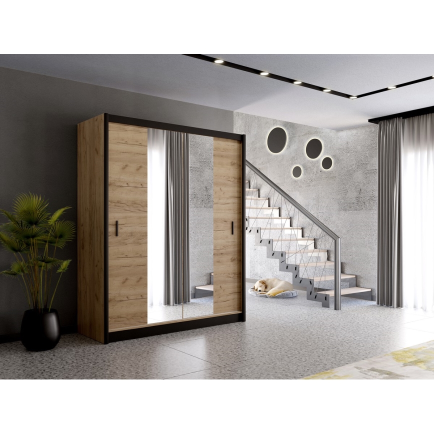 Kleiderschrank mit Spiegel MIRO 203x215 cm Eiche Craft/schwarz