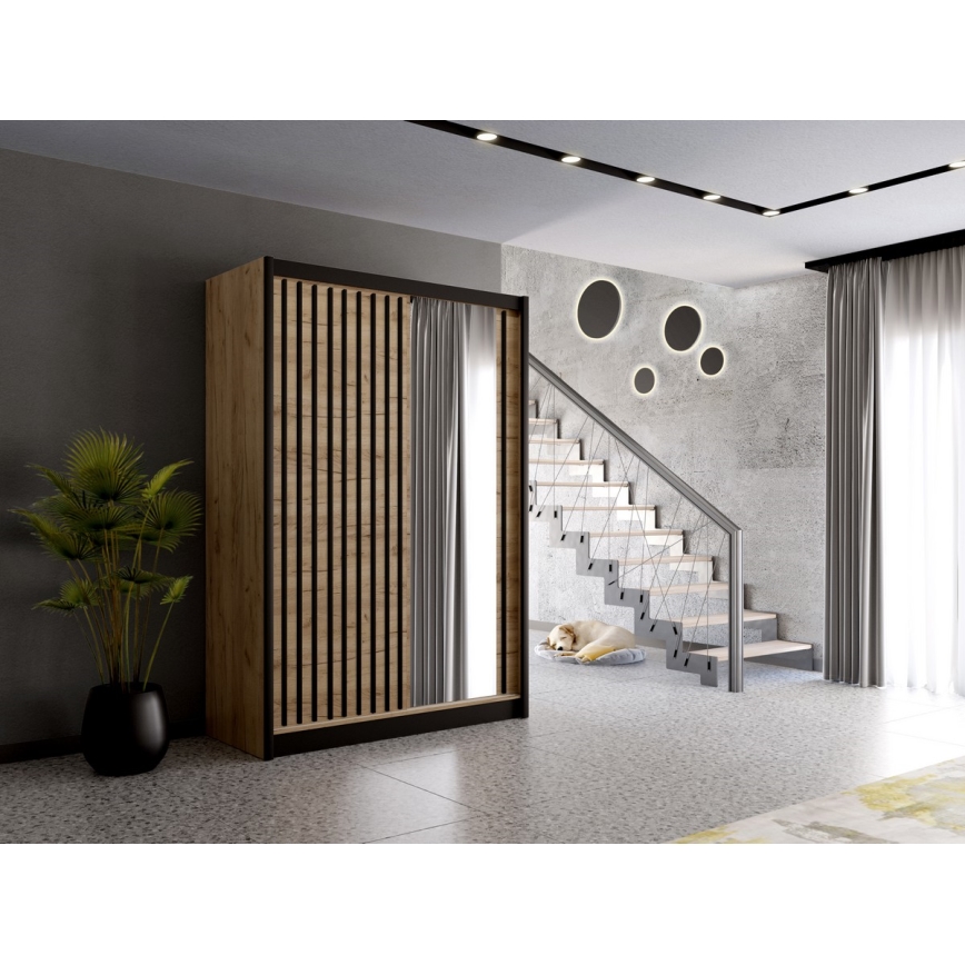 Kleiderschrank mit Spiegel SANTINO 150x215 cm Eiche Craft/schwarz